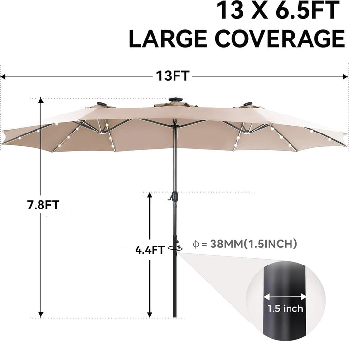 13Ft Outdoor Patio Umbrella with Solar Lights, 120 LED 12-Mode Large Double Sided Rectangular Table Umbrella, Heavy Duty Triple-Head Shade for Backyard Deck & Poolside, Beige (No Base)