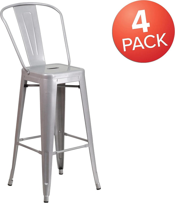 Lily Commercial Grade 4 Pack 30" High Silver Metal Indoor-Outdoor Barstool with Removable Back