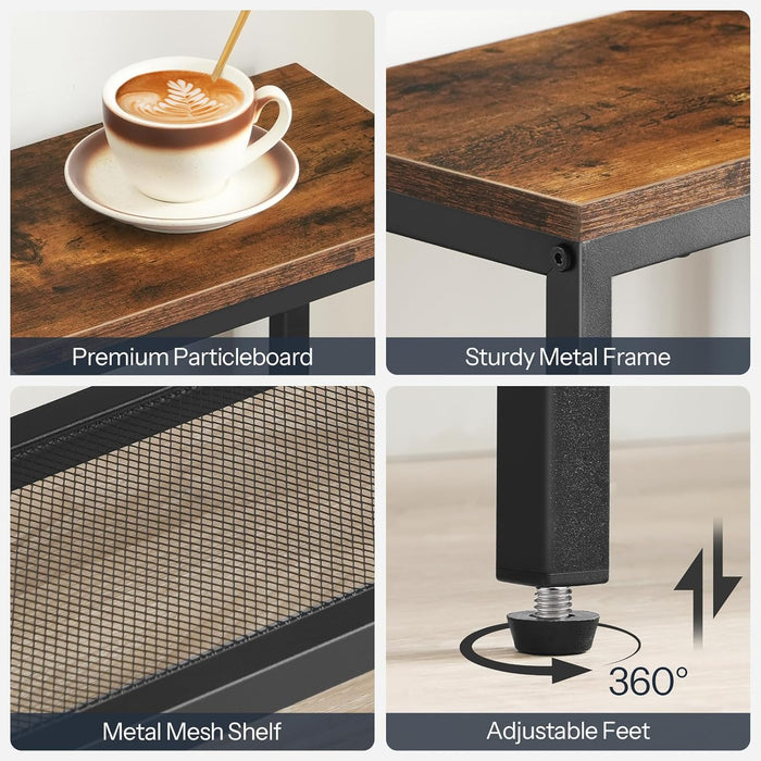 Narrow Console Table, Sofa Table, 4-Tier Industrial Entryway Table with Metal Mesh Shelf, Hallway Table with Adjustable Feet, for Entryway, Living Room, Hallway, Rustic Brown and Black BF79XG01