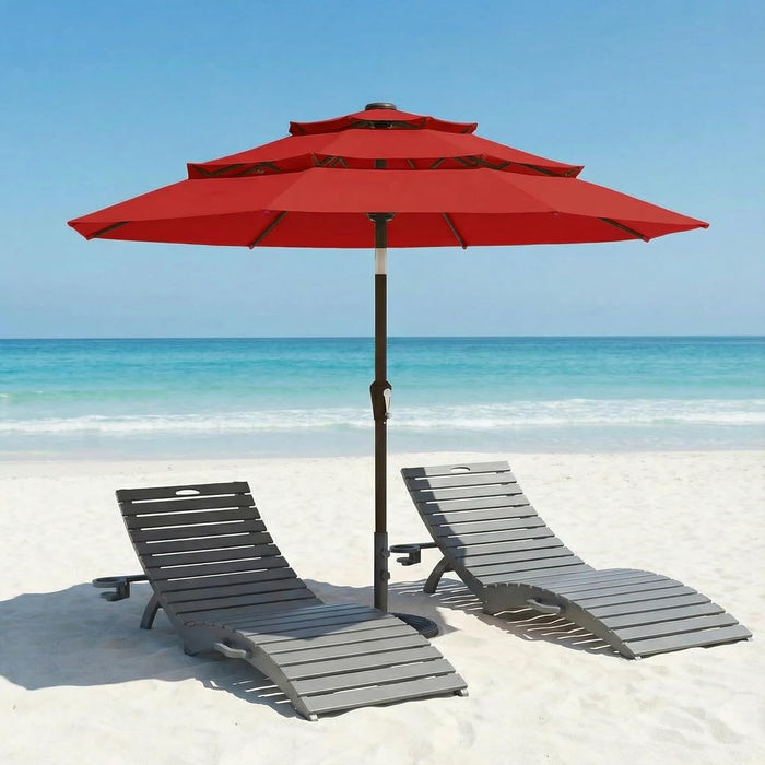10Ft Patio Umbrella, 3 Tier Outdoor Market Table Umbrellas with 8 Fiberglass Ribs and Push Button Tilt, Windproof, Vented Canopy, UV Protection for Deck, Pool, Backyard, Red