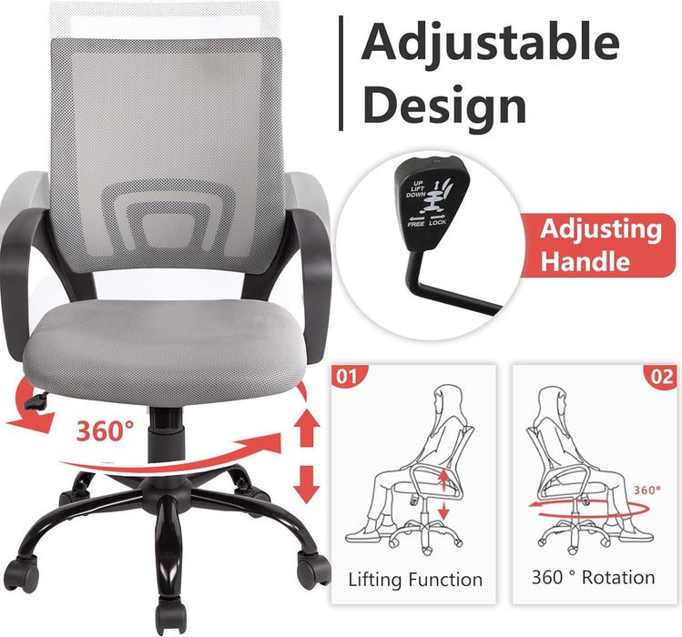 Office Chair Computer Chair Ergonomic Cheap Desk Chair Adjustable Comfortable Mid Back Task Rolling Swivel Chair with Lumbar Support for Home Office Desk (Grey)
