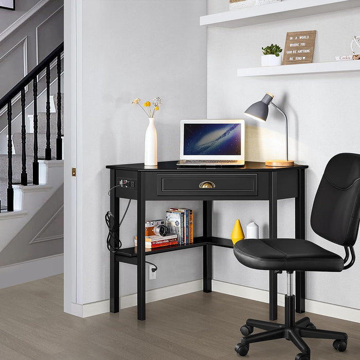 Yaheetech L Shaped Computer Desk Corner Table with Charging Station Outlets for Small Space, 90 Degree Triangle Desk Home Office Table with Drawer and Storage Shelf for Workstation, Living Room, Black
