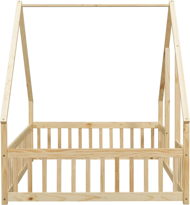 Full Size House-Shaped Natural Wooden Kids Floor Bed