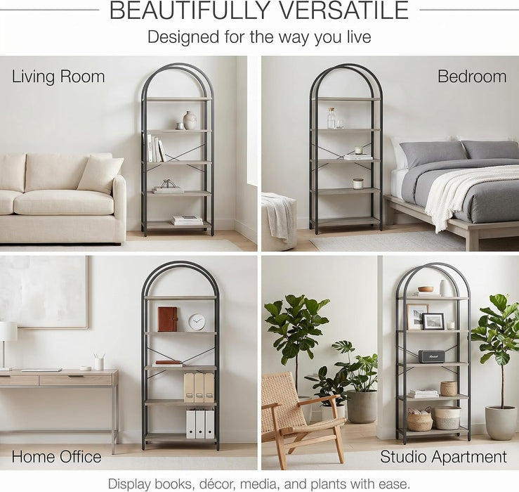 71" Arched Bookcase, 5-Tier Industrial Bookshelf with Metal Frame, Tall Storage Display Shelf for Living Room, Bedroom, Home Office, Gray