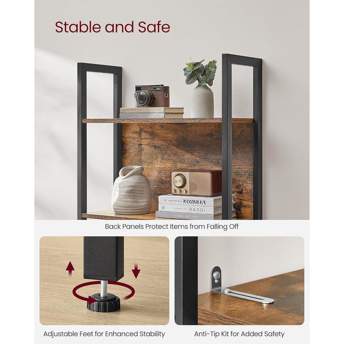 5-Tier Bookshelf, Book Shelf, Industrial Bookcase, with Steel Frame, for Living Room, Home Office, Bedroom, 9.4 X 24.4 X 65 Inches, Rustic Brown and Black ULLS025B01