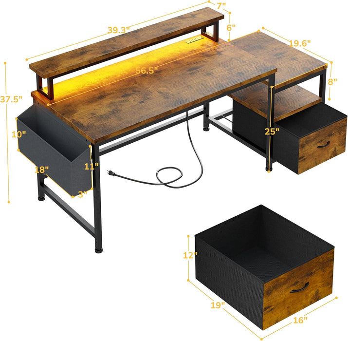 56.5" Office Desk with Drawers and Printer Space,Computer Desk with Power Outlets,Home Office Desks with File Drawers Cabinet,Study and Gaming Desk with Shelves Monitor Stand,Rustic Brown