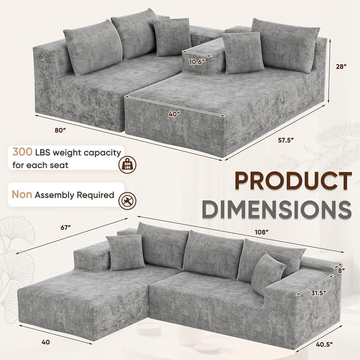 108 Inch Grey Chenille Cloud Sectional Sofa With Deep Seat