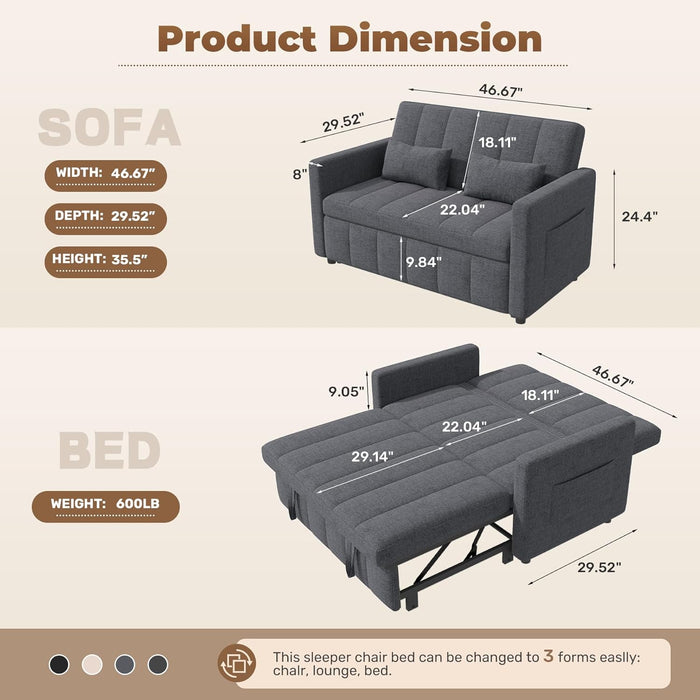 Three In One Convertible Sleeper Sofa Bed With Adjustable Backrest Light Gray