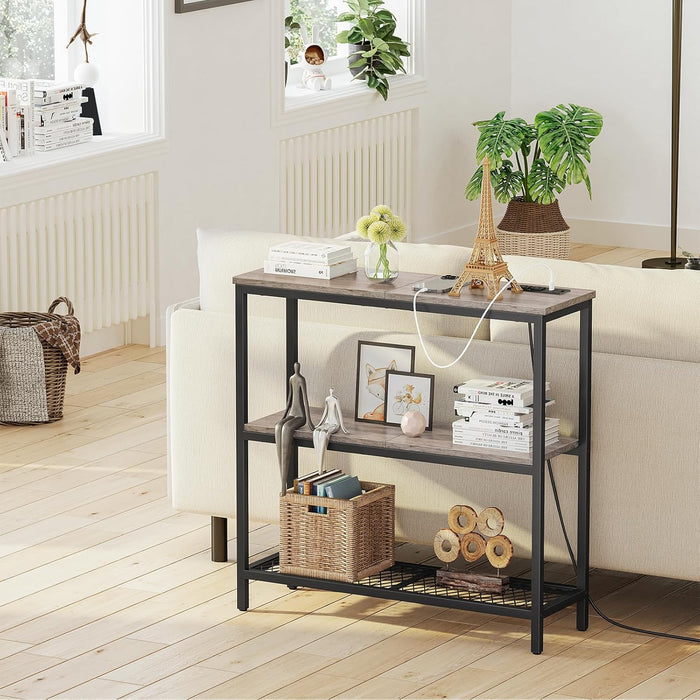 Console Table with Power Outlets, Entryway Table with Storage, Narrow Sofa Table with 3 Tier Shelves, 2 USB Ports, 2 Power Outlets, Hallway Table for Couch, Living Room, Entrance, Grey