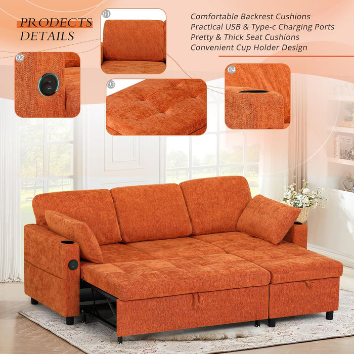 84Inches BrightOrange Chenille Pullout Sofa Bed USBPort