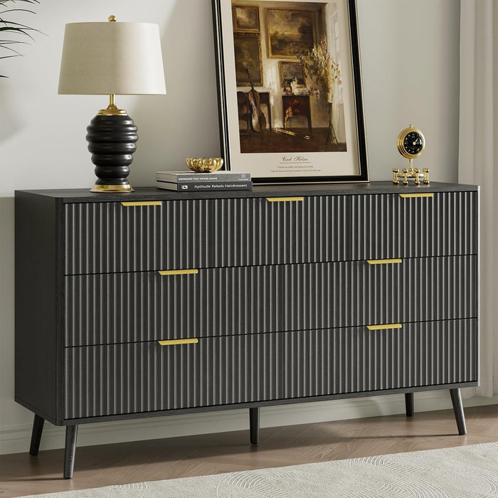 55" Wide Fluted Dresser for Bedroom with 7 Drawer, Modern Chest of Drawers with Curved Profile Design and Metal Handles, Wood Dresser TV Stand & Storage Organizer for Living Room, Black