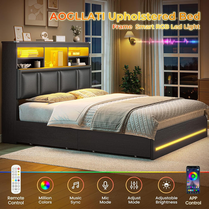 Full Size Bed Frame with 4 Storage Drawers and Headboard, Black