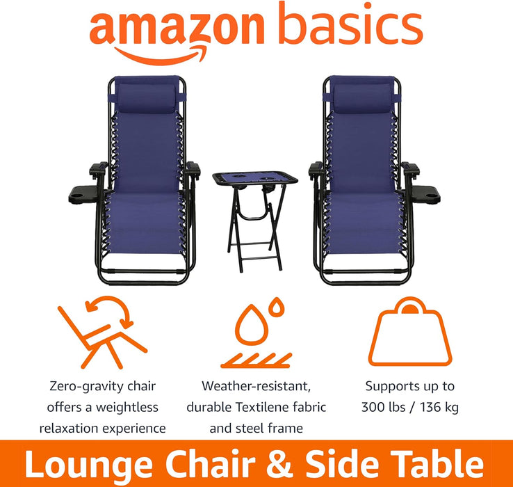 Outdoor Adjustable Zero Gravity Folding Reclining Lounge Chair with Cup Holder, Headrest Pillow, Detachable Side Table, Weather Resistant, Set of 2, Blue