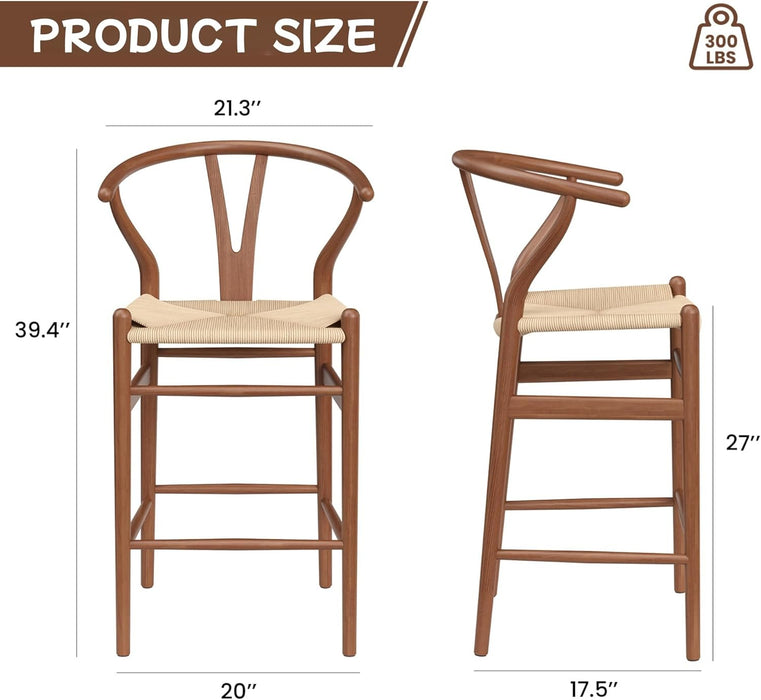 Wishbone Barstool, Weave Counter Height Bar Stool with Non-Slip Foot Mats, Fully Assembled Bar Stool for Kitchen, Island, Dining Room, Bar, Walnut