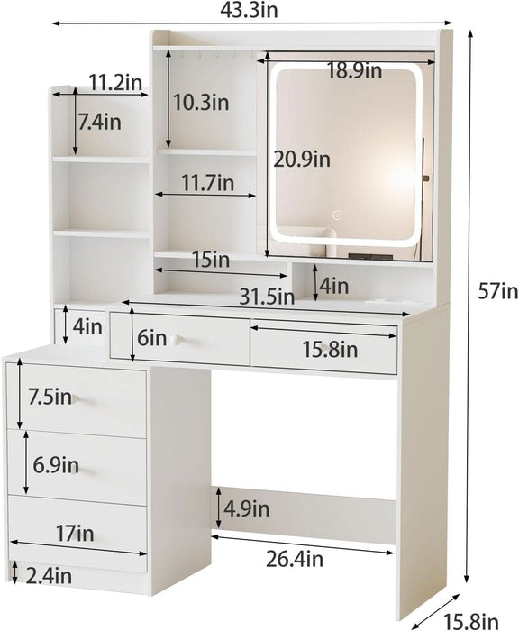 Vanity Desk with Mirror and Lights,Makeup Vanity with 6 Drawers and Shelves,Dressing Table with Power Outlet,Makeup Desk with Led Lighted Mirror in 3 Colors,For Bedroom,White