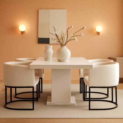 Mid Century Modern Upholstered Barrel Dining Chairs with Arms Set of 6, Linen Kitchen & Dining Room Chairs, 18.5" Wide Accent Chairs for Dining Room Living Room with Black Metal Frame, Cream