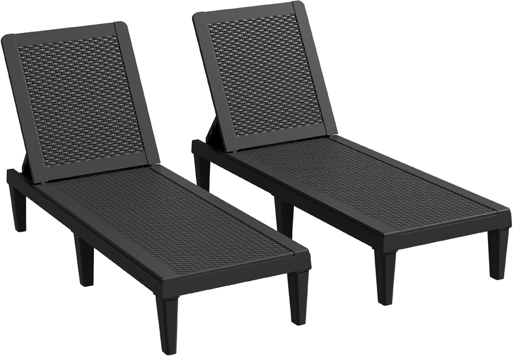 Outdoor Chaise Lounge Chairs Set of 2 with 5-Position Adjustable Backrest, Waterproof PP Sun Loungers for Garden Pool Beach Patio Deck Sunbathing, Black