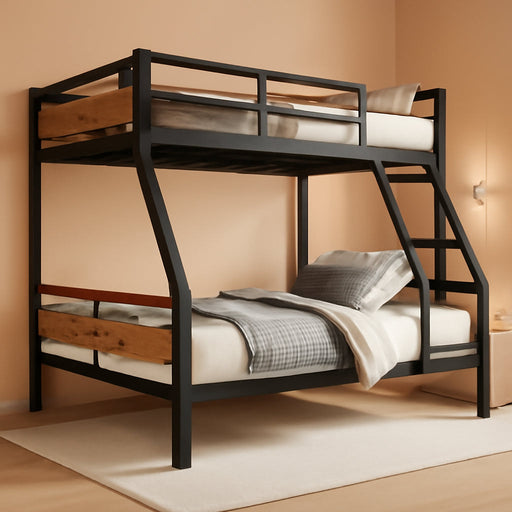 Metal Bunk Bed Twin over Full with Ladder and High Guardrail, Heavy-Duty Metal Slats Support, Noise Free, No Box Spring Needed, for Kids and Juniors, Vintage