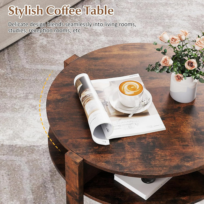 round Coffee Table, 29.5” 2-Tier Circle Cocktail Center Table with Storage Shelves, for Small Spaces, Living Room (Rustic Brown)