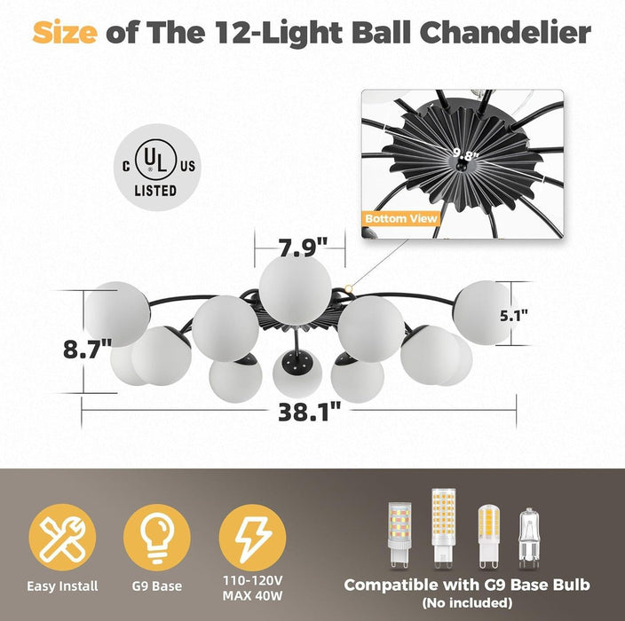12-Light Milk Glass Pendant Light, 33" Sputnik Bubble Glass Chandelier Light Fixture, Hand Blown Semi Flush Mount Ceiling Chandeliers Lighting for Dining Room, Living Room (Black, 12-Light Ceiling)