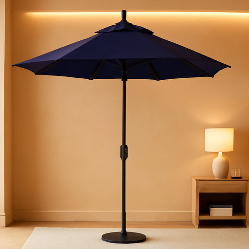 GSPT908302-5439 9' round Aluminum Market, Crank Lift, Push Button Tilt, Black Pole, Sunbrella Navy Patio Umbrella, 9-Feet