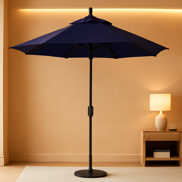 GSPT908302-5439 9' round Aluminum Market, Crank Lift, Push Button Tilt, Black Pole, Sunbrella Navy Patio Umbrella, 9-Feet