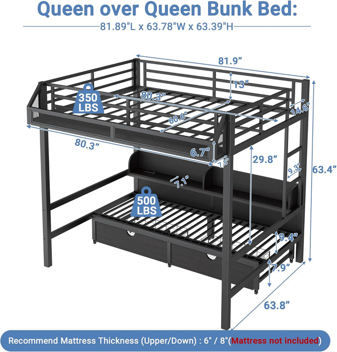 Queen Over Queen Metal Bunk Bed USBChargingPortsAndLED