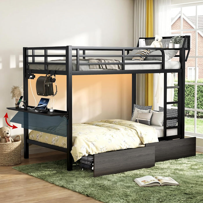 Bunk Bed with Reversible Foldable Desk,Upper Bunk Storage and 2 Storage Drawers Twin XL Bunk Bed with LED Lights and Charging Station,Bunk Beds with Safety Guardrail & 4 Hooks,Space-Saving, Black