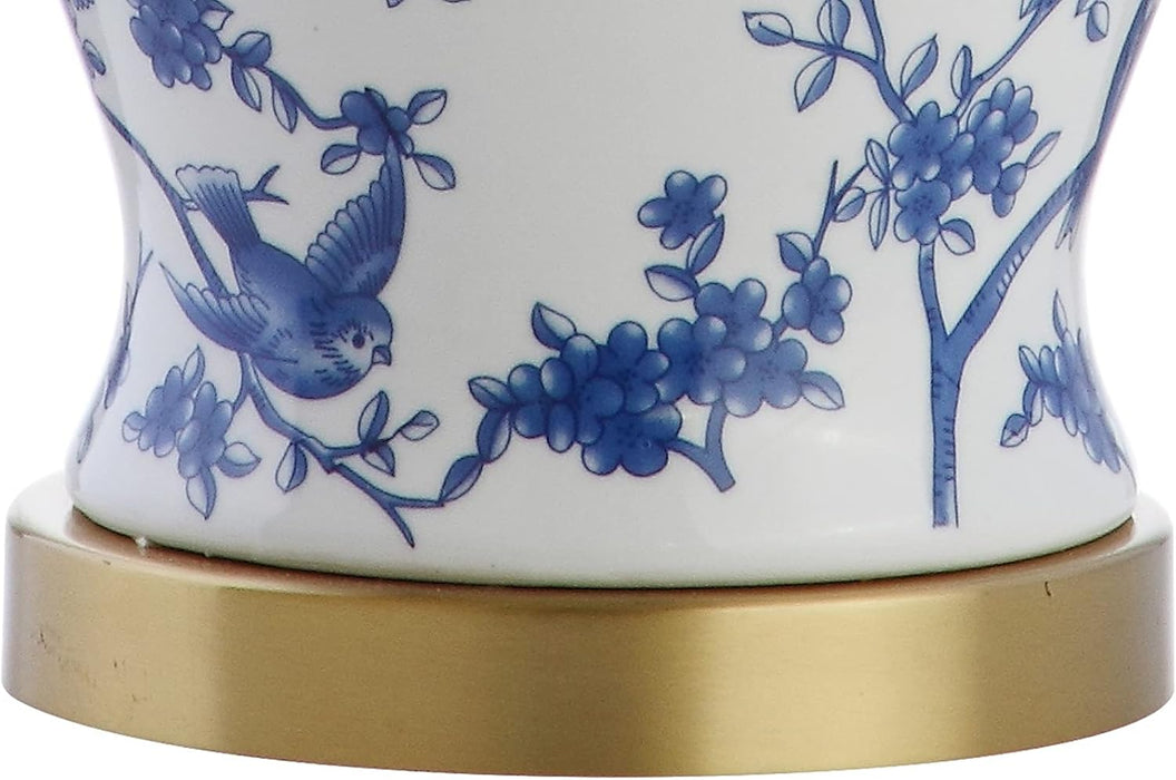 22" Blue/White Ceramic Table Lamp, French Country Chinoiserie Ginger Jar LED Bedside Lamp for Living Room Bedroom, White Linen Shade, JYL3005A