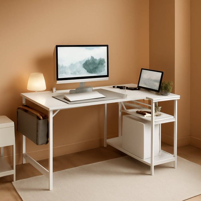 Small Computer Desk with Power Outlets, 40 Inch L Shaped Desk with Reversible Shelves, Gaming Desk Corner Desk Study Writing Desk for Home Office Bedroom Small Space, White