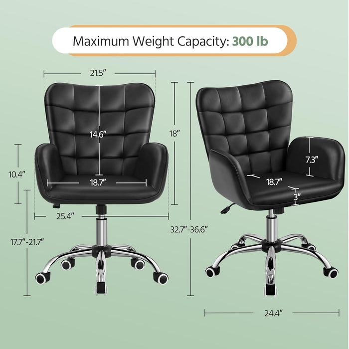 Faux Leather Office Chair Modern Vanity Chair Ergonomic Adjustable Computer Chair with Wide Seat, Padded Armrests for Living Room, Bedroom Black