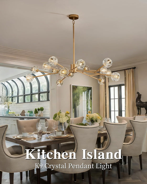 Gold Sputnik Chandeliers for Dining Room Light Fixture over Table, Modern Crystal Chandeliers, 43" 15 Lights Gold Lighting Fixtures for Living Room Kitchen Island