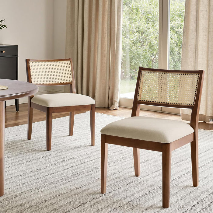 Rattan Dining Chairs Set of 4, French Solid Wood Kitchen Dining Room Chairs with Curved Back, Upholstered Accent Dinner Cane Chair for Living Room Restaurant, Walnut