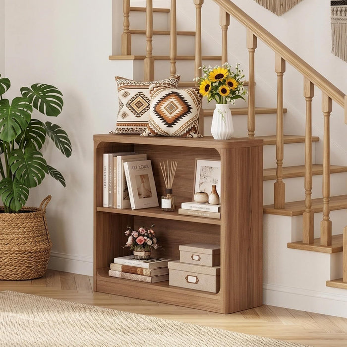 Wooden Bookshelf, 2-Tier Compact Open Bookcase with Rounded Corners, Small Floor Standing Display Book Shelf for Living Room, Bedroom, Home Office, Kids' Room (Walnut)