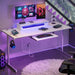 63 Inch Gaming Desk with LED Lights & Power Outlets Computer Desk with Laptop Stand & Keyboard Tray Modern PC Desk with Headset Hook for Home Office, Carbon Fiber and Marble Splicing White