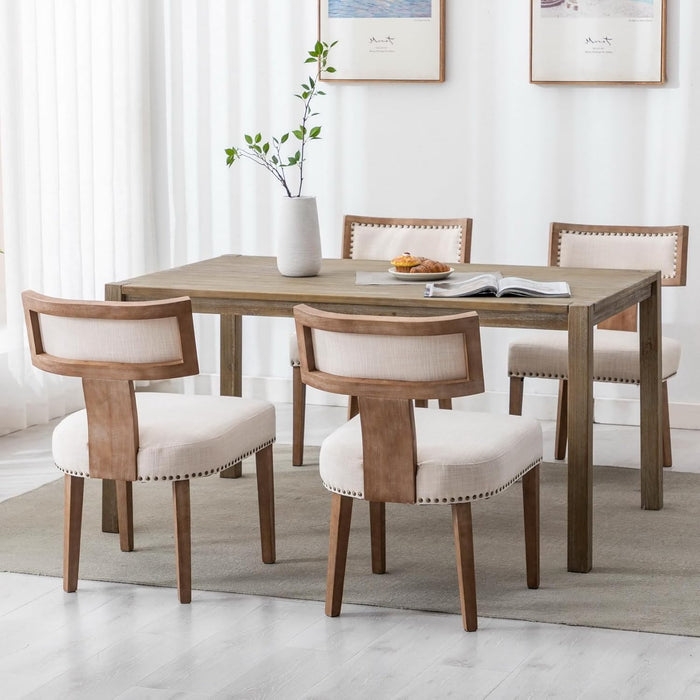 Mid Century Modern Dining Chairs Set of 4, Farmhouse Linen Upholstered Kitchen Dining Side Chairs with Nailhead Trim Curved Backrest, Armless Solid Wood Dining Chairs, Beige