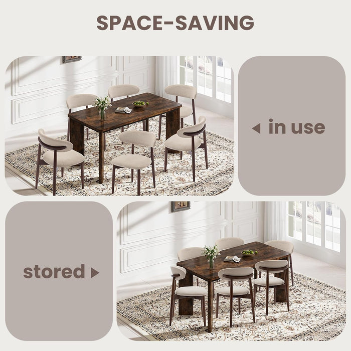 7-Piece Rectangular Dining Table Set for 6, 63" Industrial Kitchen Table with 6 Wooden Upholstered Dinner Chairs for Dining Room, Kitchen, Living Room, Brown+Beige