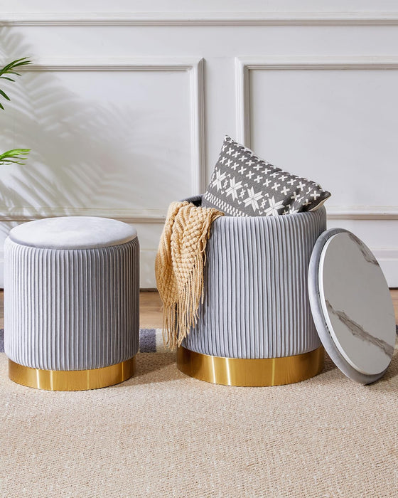 round Storage Ottoman Set of 2 Ottoman for Dorm Vanity Stool with Storage Velvet Footstools End Table Boucle Ottoman for Home Organization Gray UWBD016G