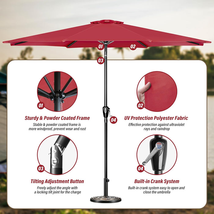 9FT Outdoor Patio Umbrella Table Market Umbrella with Push Button Tilt and Crank, 8 Sturdy Ribs, UV Protection Waterproof for Garden, Lawn, Deck, Backyard, Pool, Red