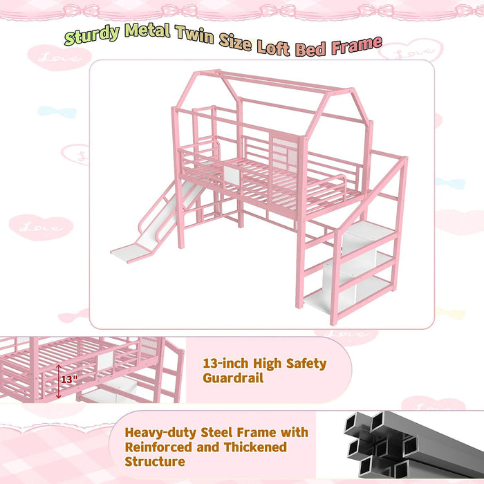 Twin Size Metal Loft Bed With UnderbedStorageShelves