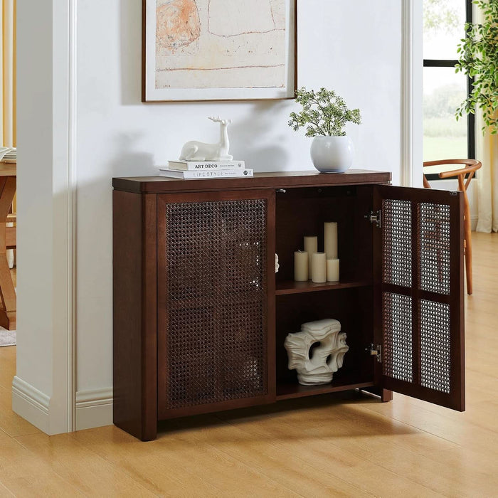 Small Sideboard Buffet Cabinet,Narrow Kitchen Storage Cabinet with 2 Rattan Doors,Mid Century Modern Thin Console Table for Living Room,Entryway(39.4" Walnut)
