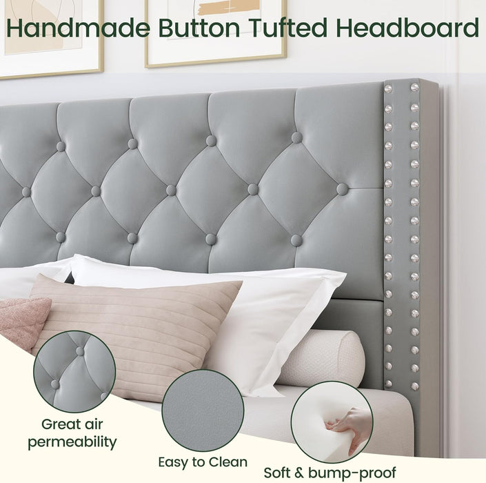 Queen Size Bed Frame Upholstered Platform Bed with 4 Storage Drawers and Tufted Headboard Velvet Bed Frame with Heavy Duty Wood Slats, No Box Spring Needed, Easy Assembly, Bluish Grey