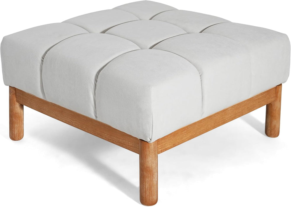Annette Square Ottoman Footstool with Grid Tufting, Living Room Sofa Ottoman with Wood Frame, Fabric Upholstery Coffee Table, Comfy Seating with Dense Foam Padding, White