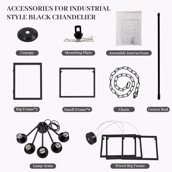 5-Light Black Geometric Chandelier,Height Adjustable Industrial Chandelier for Dining Room,Modern Farmhouse Chandelier Light Fixture over Table,For Bedroom,Living Room,Entryway,Bulbs Not Included