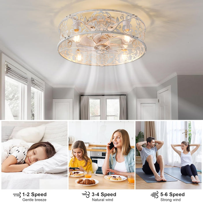 20" Caged Ceiling Fan with Light, Flush Mount Bladeless Fandelier with Remote, Small Low Profile for Bedroom, Kitchen, Dining Room, White Gold