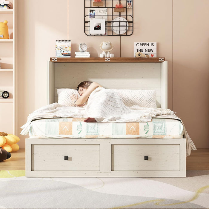 Full Murphy Bed with Storage & Charging Station, Farmhouse Murphy Cabinet with Foldable Panel, Noisy Free, for Guest Bedroom, Living Room, Office, Distressed White