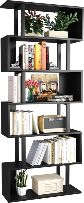 S Shaped Bookshelf, Modern Geometric Bookcase, 6-Tier Black Display Case Book Shelf