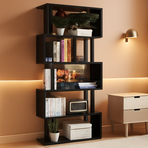 S Shaped Bookshelf, Modern Geometric Bookcase, 6-Tier Black Display Case Book Shelf