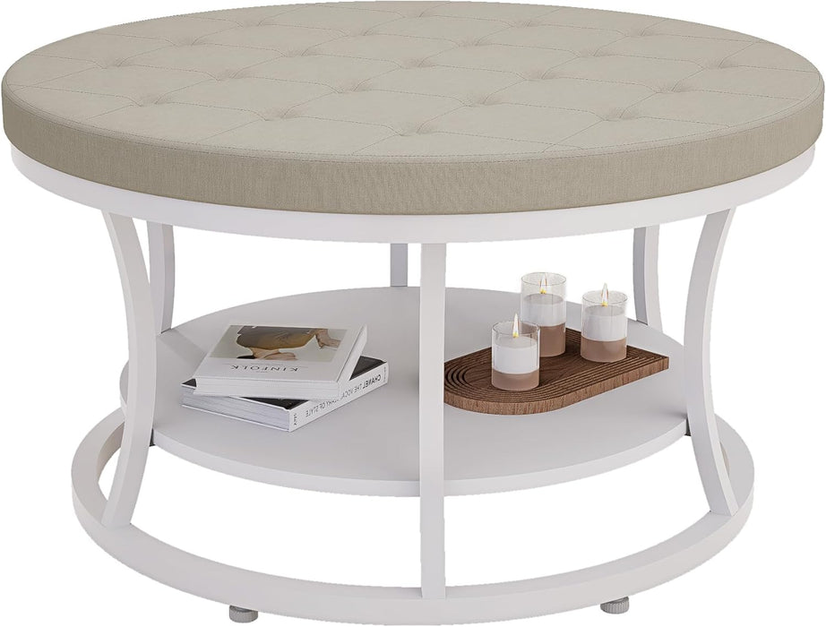 Large round Ottoman Coffee Table with Storage Shelf, 31.5 Inch Tufted Linen Upholstered Footrest Stool, Modern Accent Ottoman with Sturdy Metal Legs for Living Room, Bedroom, Dorm Decor, Beige