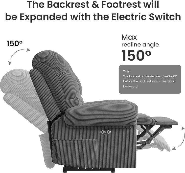 Upgraded 2024 New Power Recliner Chair for Adults, Adjustable Electric Chair Power Reclining Sofa, USB Port, Ultra-Comfy Corduroy Recliner for Living Room, Tool-Less Assembly Single Sofa Gray